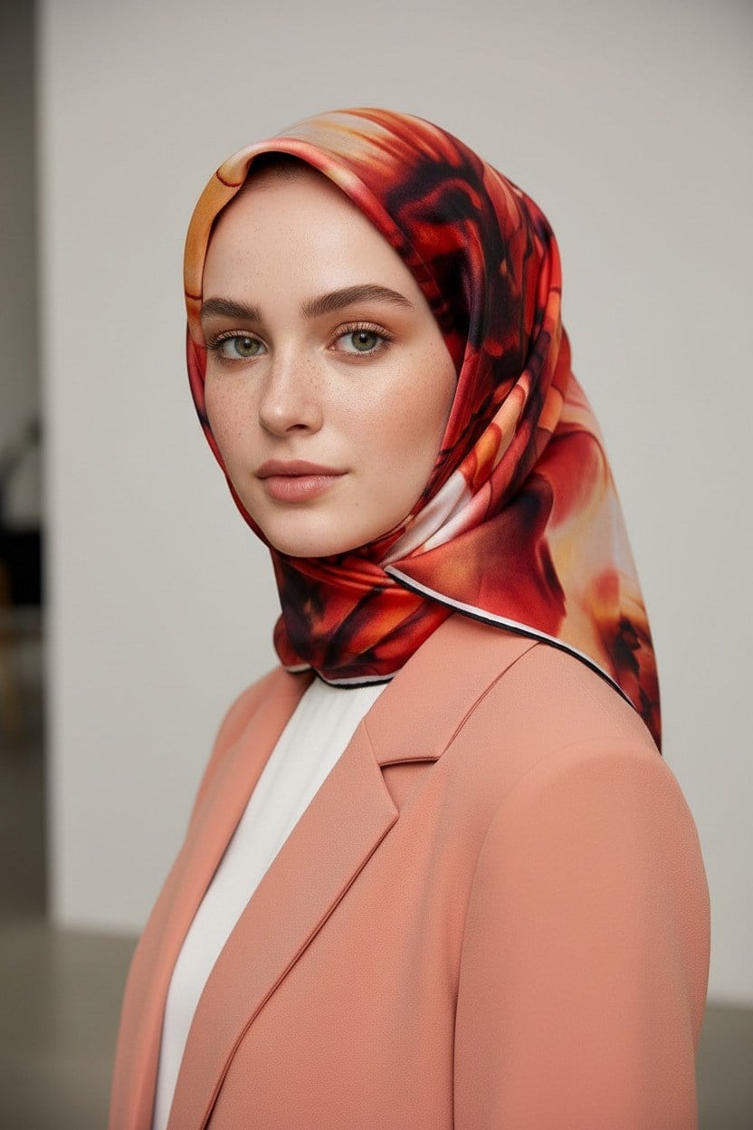 %100 Twill İpek Batik Çiçek Desenli Hardal - Kırmızı Renkli 90x90 Eşarp Kenar Dikiş Şekli El Dikişli
