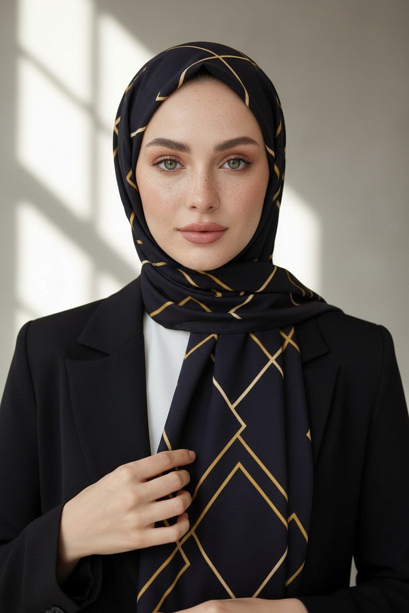 KREP GOLD DETAYLI KARO DESENLİ SİYAH RENKLİ 75X195 KIRIŞMAZ ŞAL