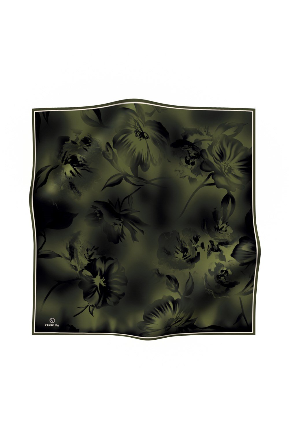 100% Twill İpek Çiçek Desenli Haki Renkli 90x90 Dikim Şekli : El Dikişi Eşarp