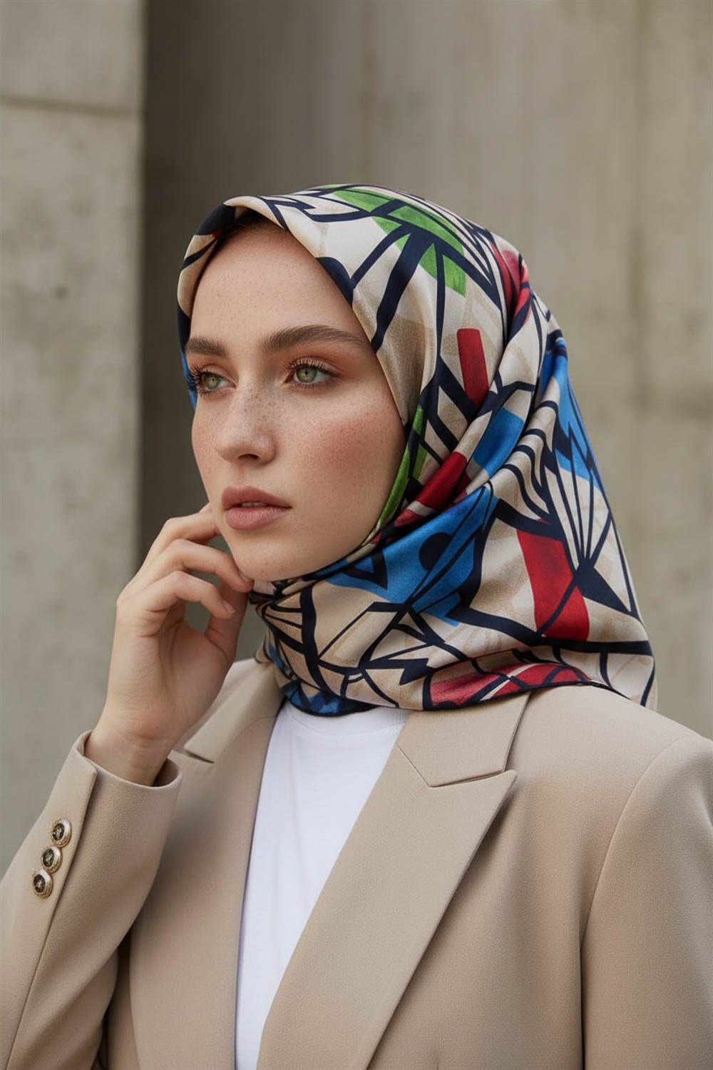 %100 Twill Renkli Petek Desenli Kırmızı - Saks Renkli 90x90 Eşarp Dikim Şekli: El Dikişii