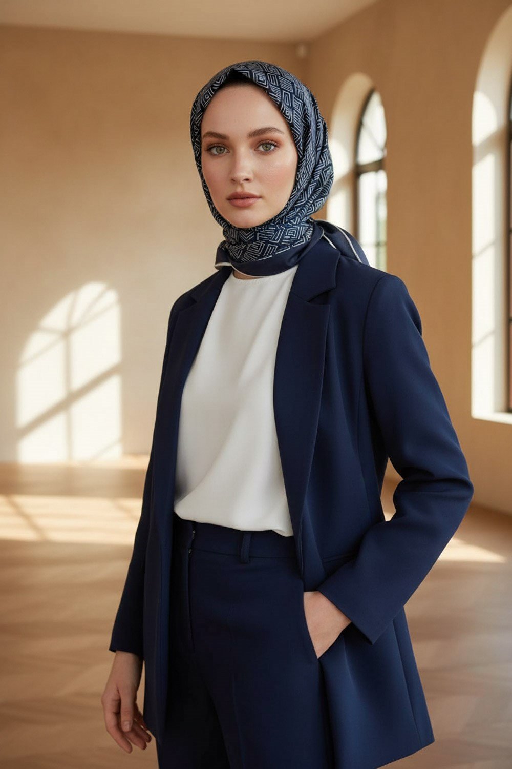 100% Twill İpek Etnik Motif Desenli Lacivert - Krem Renkli 90x90 Dikim Şekli : El Dikişi Eşarp