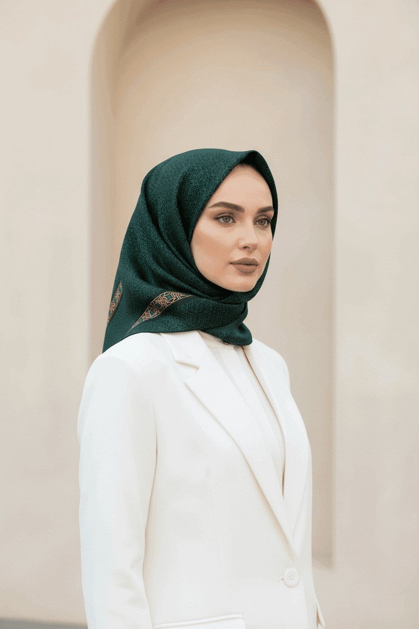 % 57 İPEK % 43 VİSKON Twill İpek Geometrik Desenli Zümrüt Yeşili - Siyah Renkli 90x90 Eşarp Dikim Şekli : El Dikişi