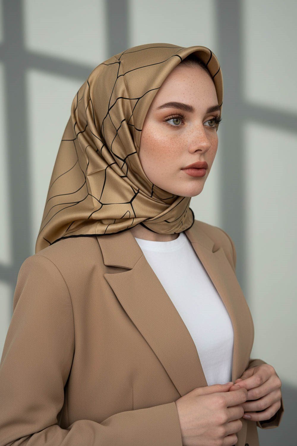 %100 Twill İpek Çizgi Desenli Bej - Siyah Renkli 90x90 Eşarp Dikim Şekli : El Dikişi