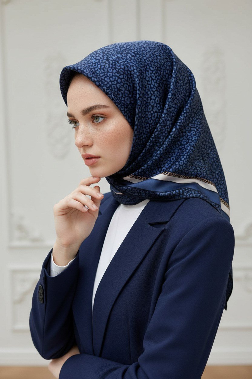 % 57 İPEK % 43 VİSKON Twill İpek Leopar Desenli Lacivert - İndigo Renkli 90x90 Eşarp Dikim Şekli : El Dikişi