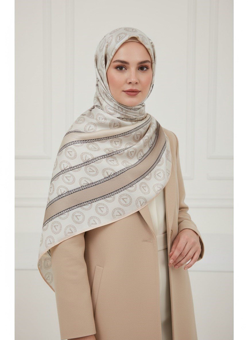 %100 Saf İpek Şal İnce Saten Vual Dokuma Monogram Desenli Bej - Krem Renkli 90x210 Şal