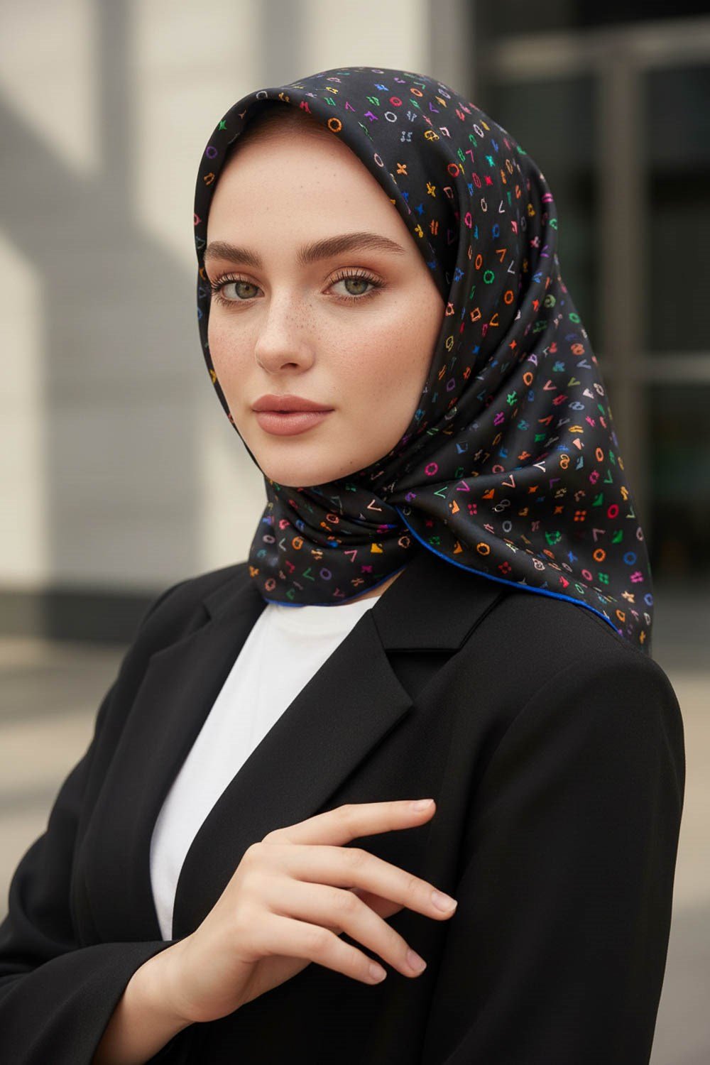 %100 Twill İpek Çıtır Motif Desenli Siyah - Saks Renkli 90x90 Eşarp Dikim Şekli : El Dikişi