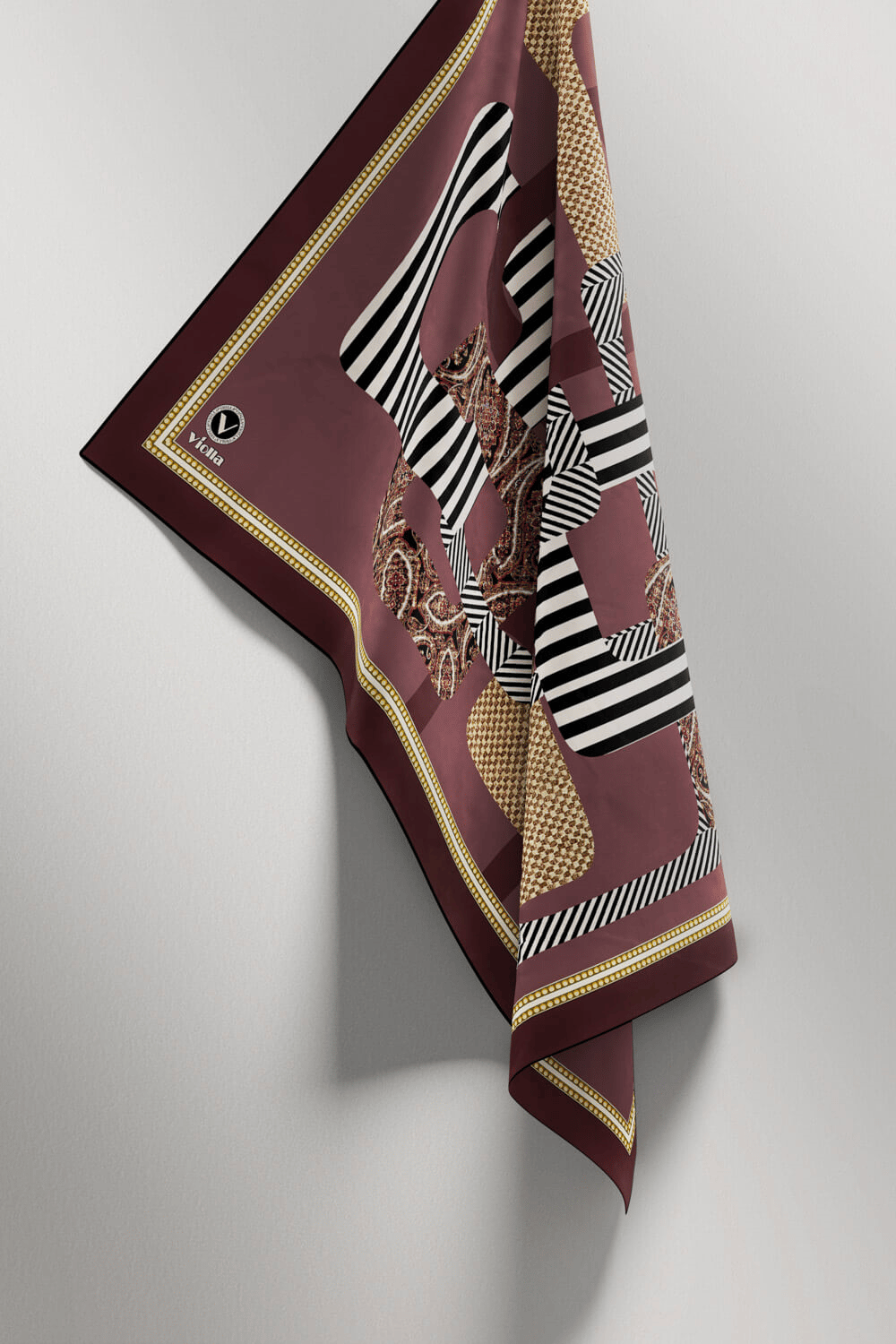 Twill Geometrik Desenli Gül Kurusu Renkli 90x90 Eşarp (İpek İçermez) Kenar Dikiş Şekli El Dikişli