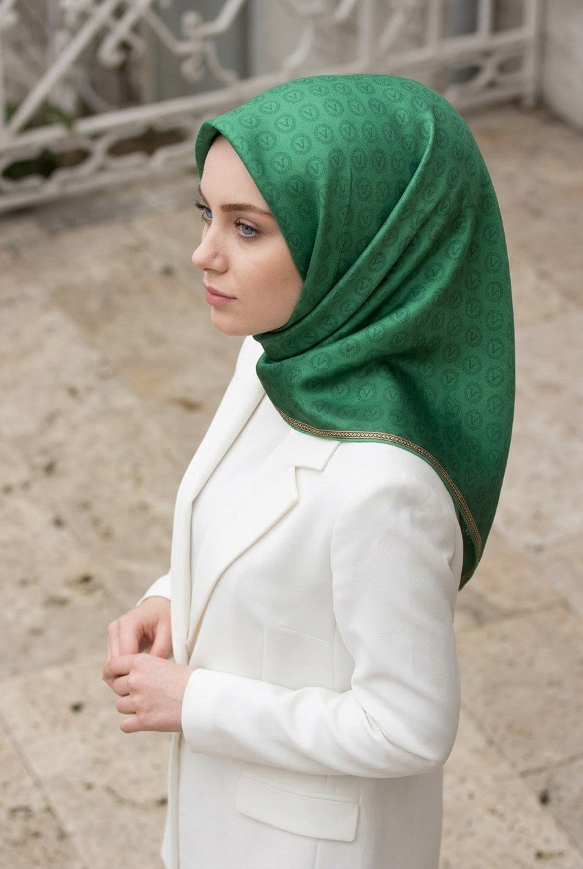 %100 Twill İpek Monogram Desenli Zümrüt Yeşili Renkli 90x90 Eşarp Dikim Şekli : El Dikişi