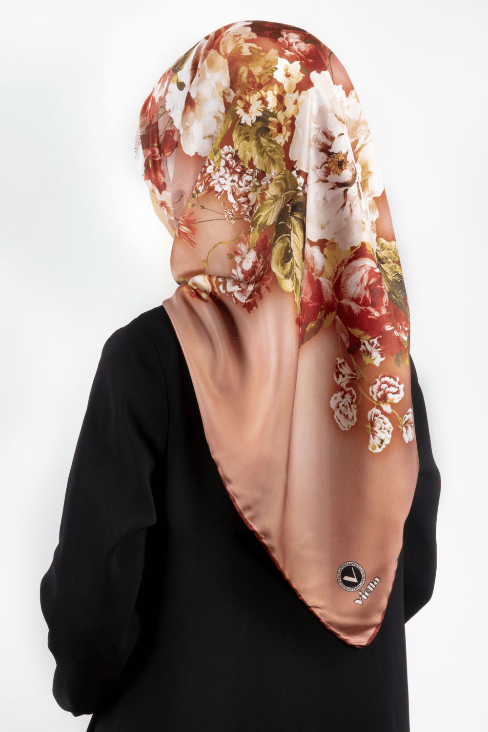 Twill Degradeli Çiçek Desenli Taba Renkli 90x90 Eşarp (İpek İçermez) Kenar Dikiş Şekli El Dikişli