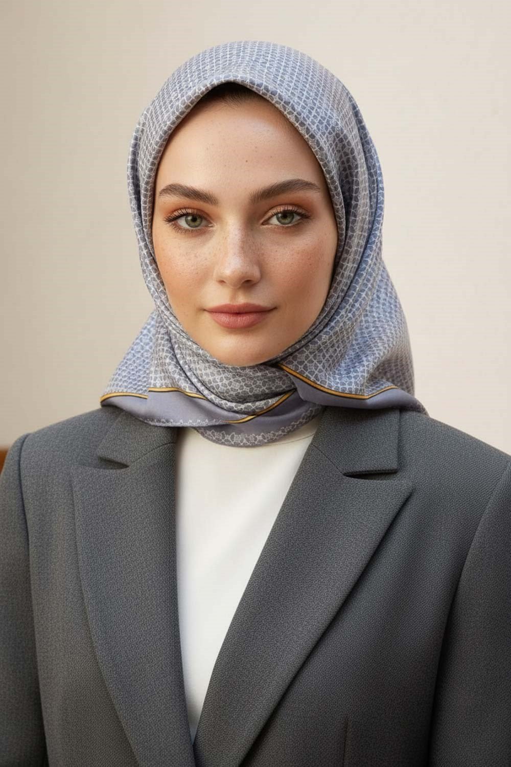%100 Twill İpek Minik Motif Desenli Gri - Krem Renkli 90x90 Eşarp Dikim Şekli : El Dikişi