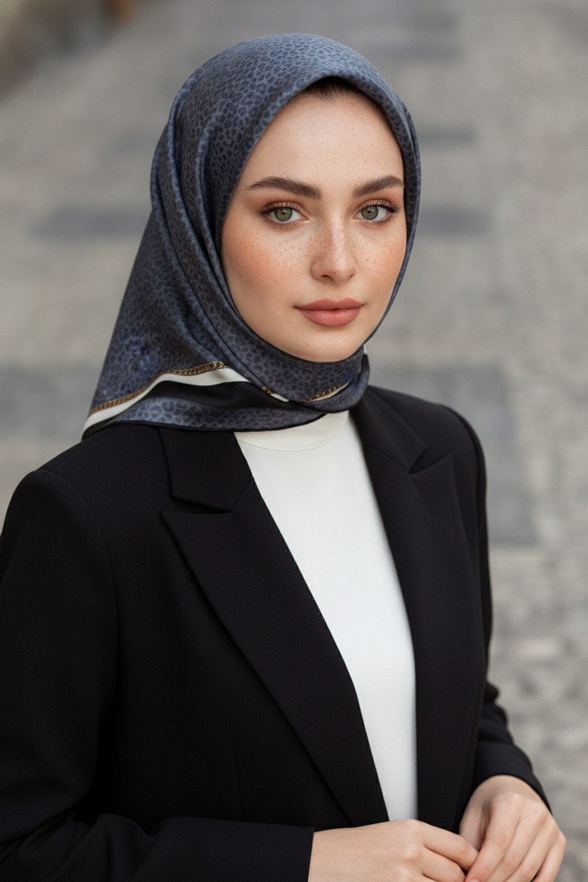 % 57 İPEK % 43 VİSKON Twill İpek Leopar Desenli Gri Renkli 90x90 Eşarp Dikim Şekli : El Dikişi