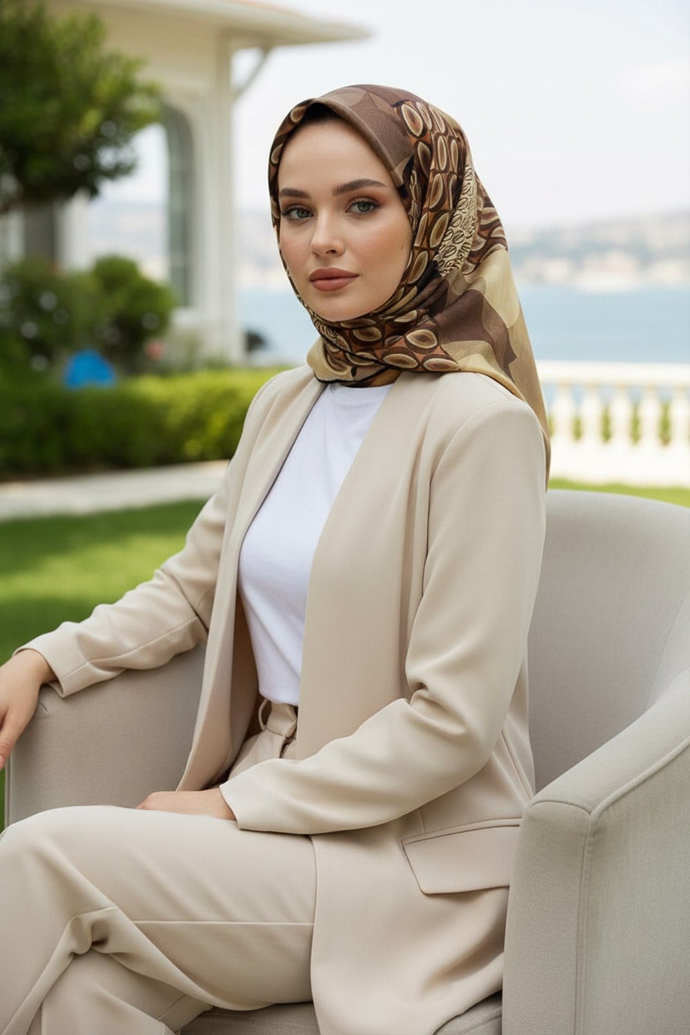 %100 Twill İpek Geometrik Desenli Gül Kurusu - Vizon Renkli 90x90 Eşarp Eşarp Kenar Dikiş Şekli El Dikişli