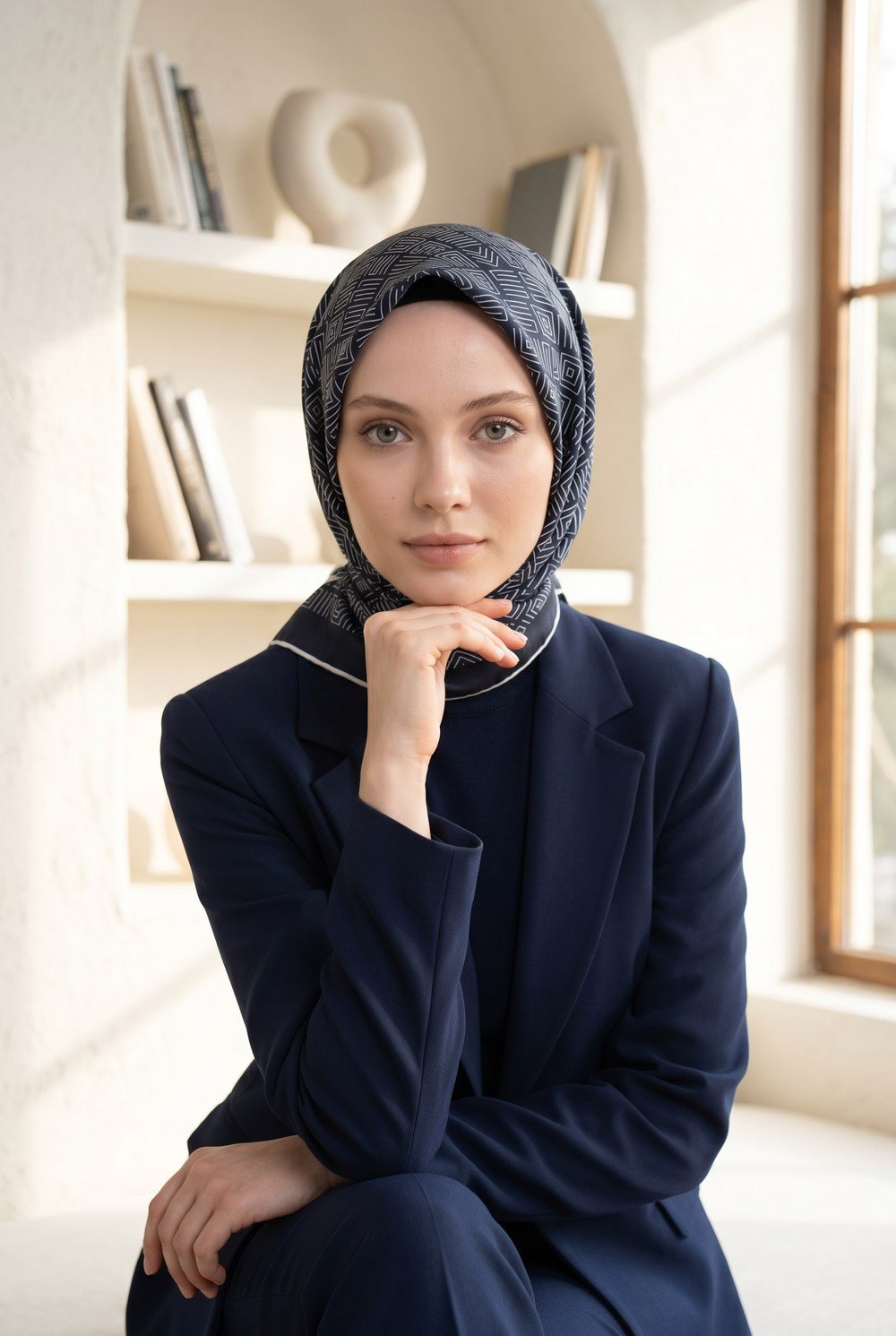 %57 İPEK %43 VİSKON Twill İpek Etnik Motif Desenli Lacivert - Krem Renkli 90x90 Eşarp Dikim Şekli : El Dikişi