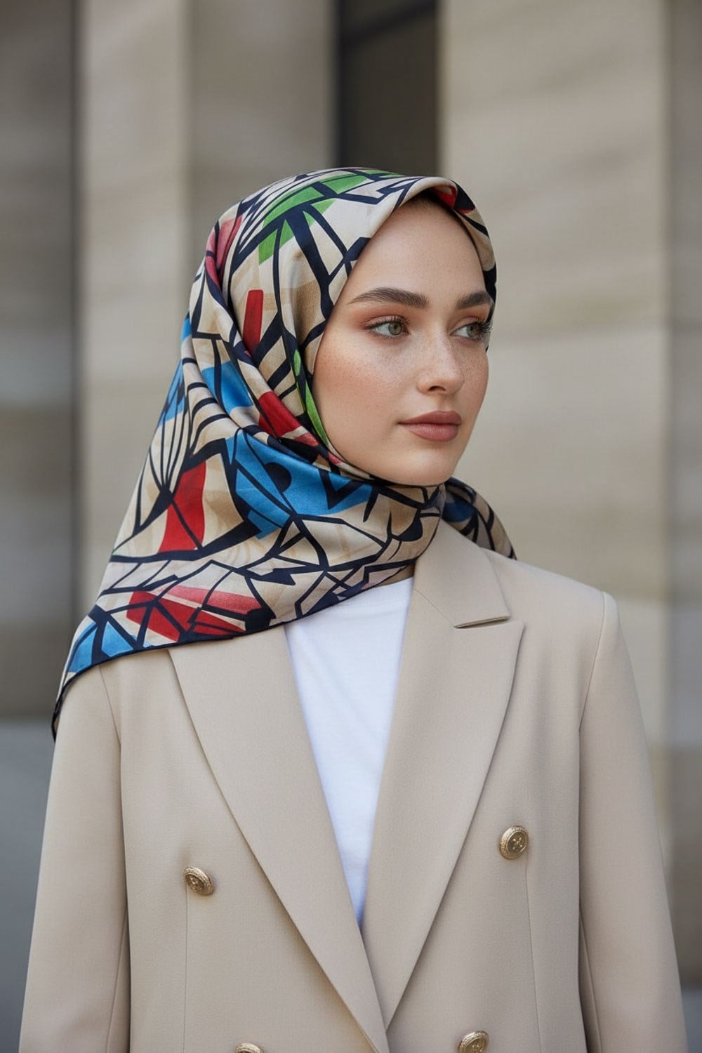 %100 Twill Renkli Petek Desenli Kırmızı - Saks Renkli 90x90 Eşarp Dikim Şekli: El Dikişii