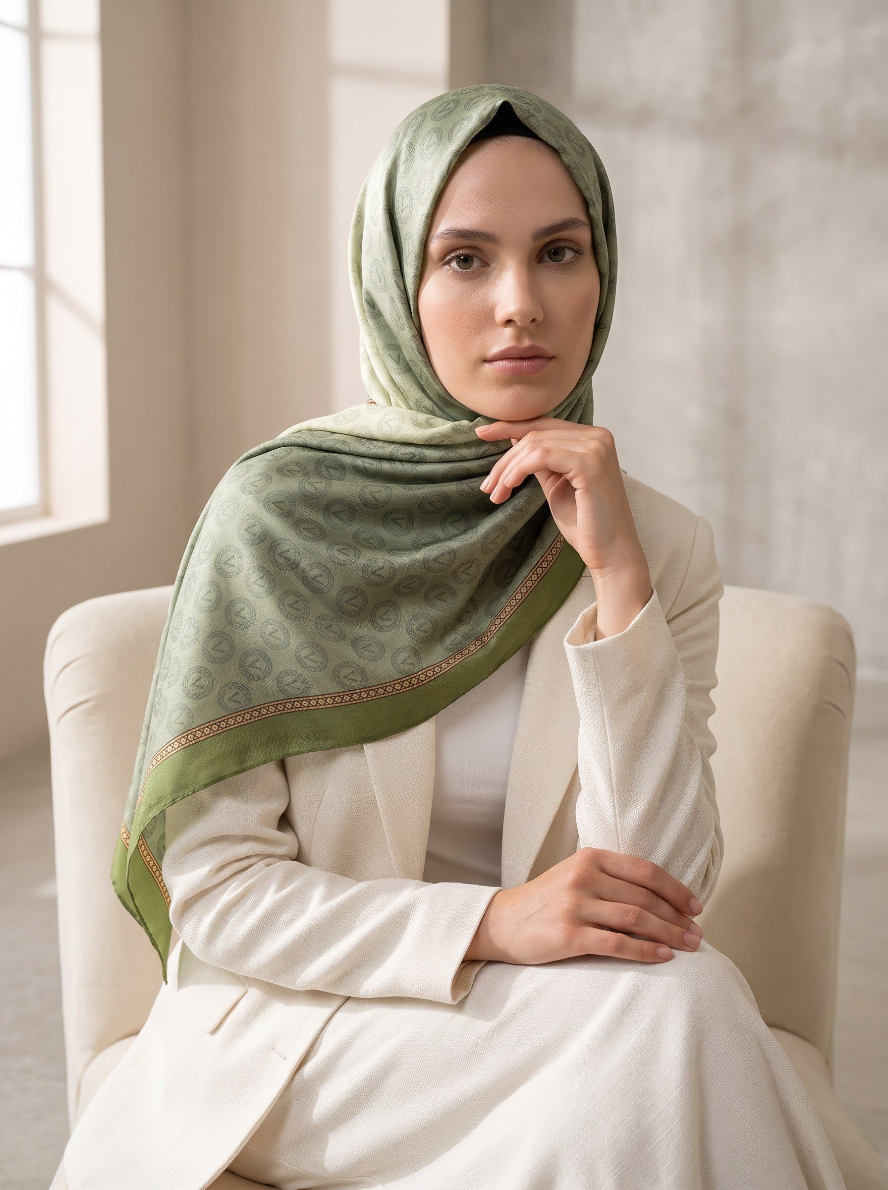 %100 Saf İpek Şal İnce Saten Vual Dokuma Degradeli Ve Monogram Desenli Haki - Gold Renkli 90x210 Şal