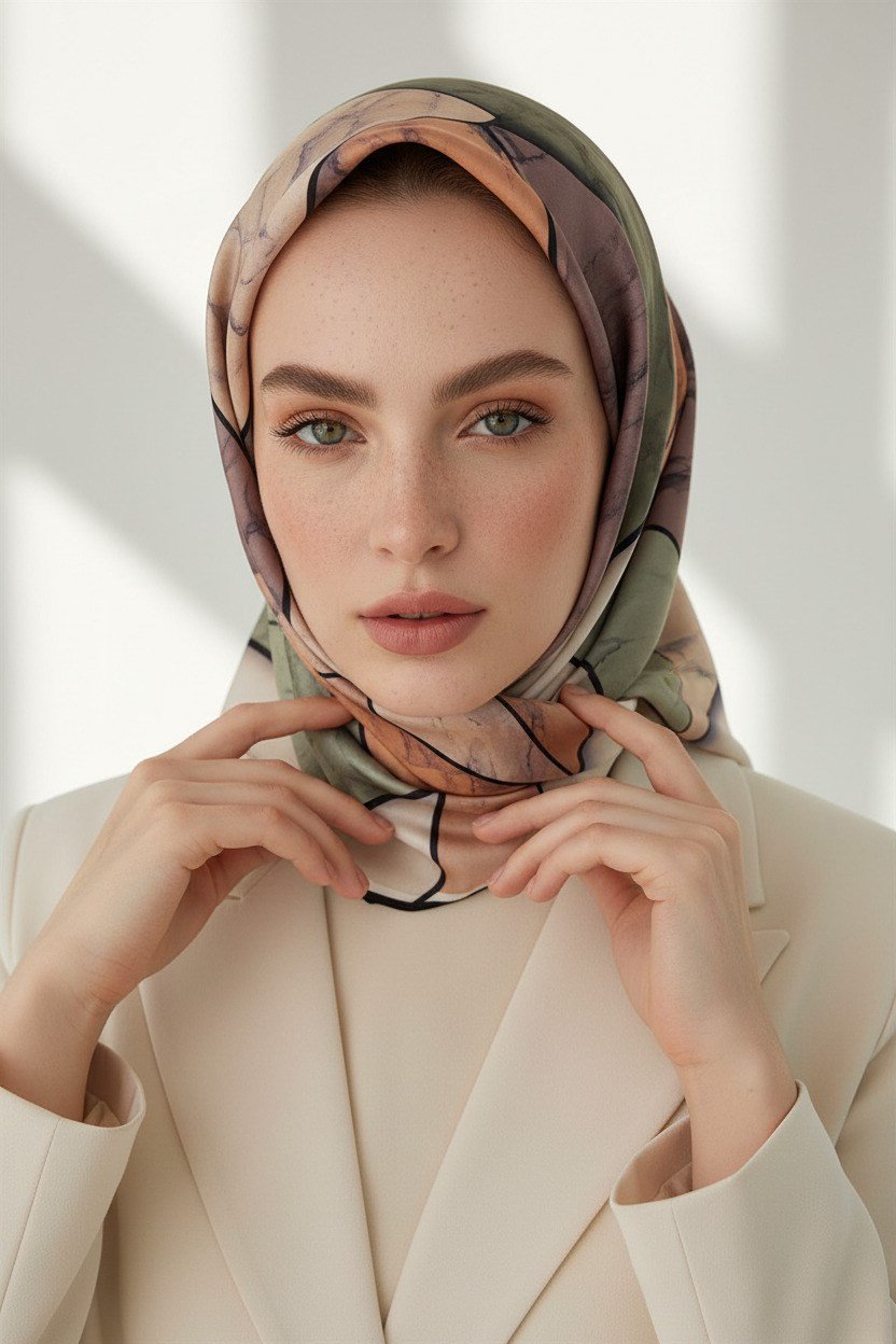 %100 Twill İpek Mermer Desenli Bakır - Haki Renkli 90x90 Eşarp Dikim Şekli : El Dikişi