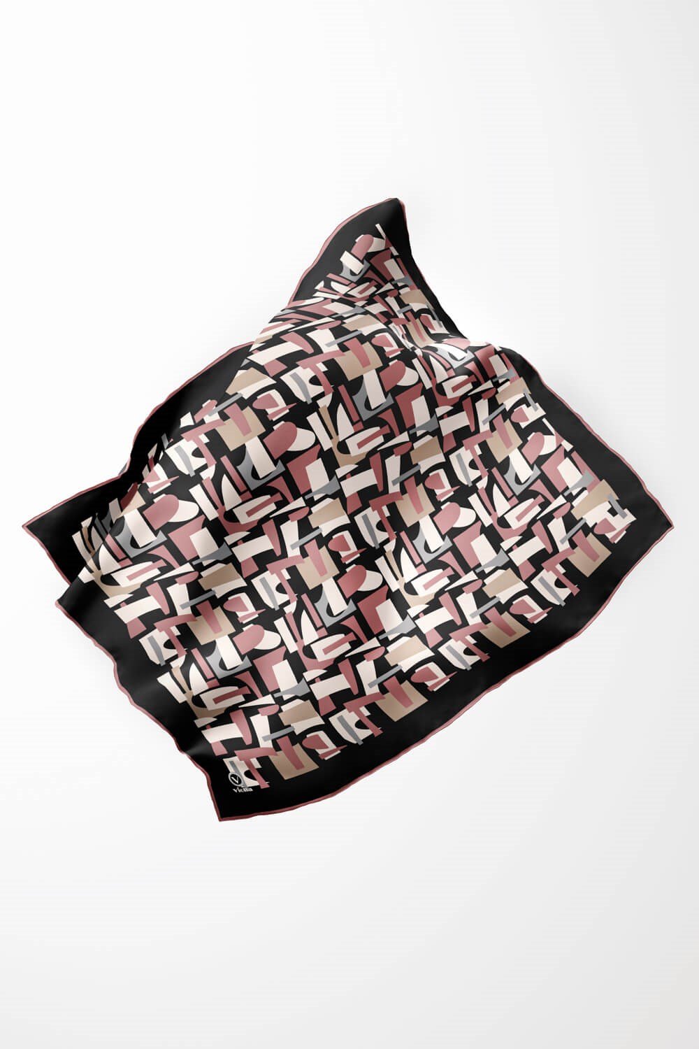 Twill Geometrik Desenli Pudra - Gri Renkli 90x90 Eşarp (İpek İçermez) Dikim Şekli : El Dikişi