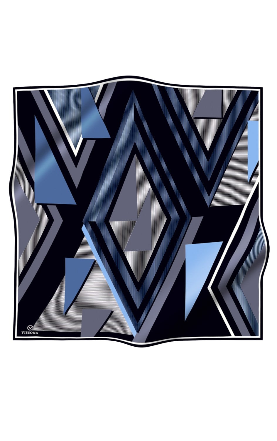 % 57 İPEK % 43 VİSKON Twill İpek Geometrik Desenli İndigo - Siyah Renkli 90x90 Eşarp Dikim Şekli : El Dikişi