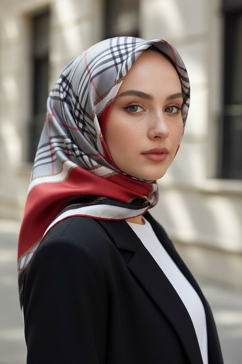 %100 Twill İpek Ekose Desenli Bordo Renkli 90x90 Eşarp Dikim Şekli : El Dikişi