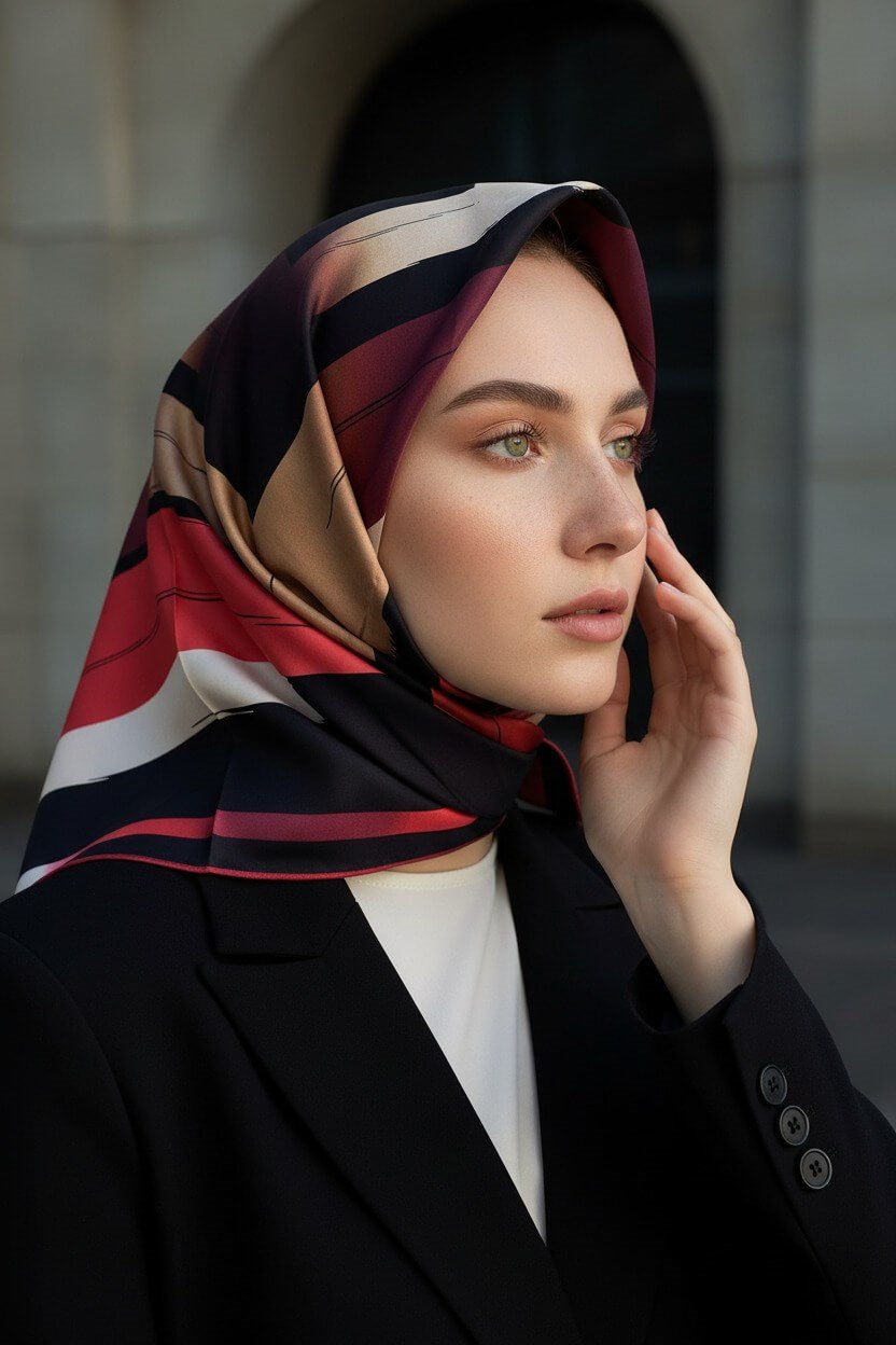 %100 Twill İpek Geometrik Fırça İzi Desenli Siyah - Bordo Renkli 90x90 Eşarp Dikim Şekli : El Dikişi