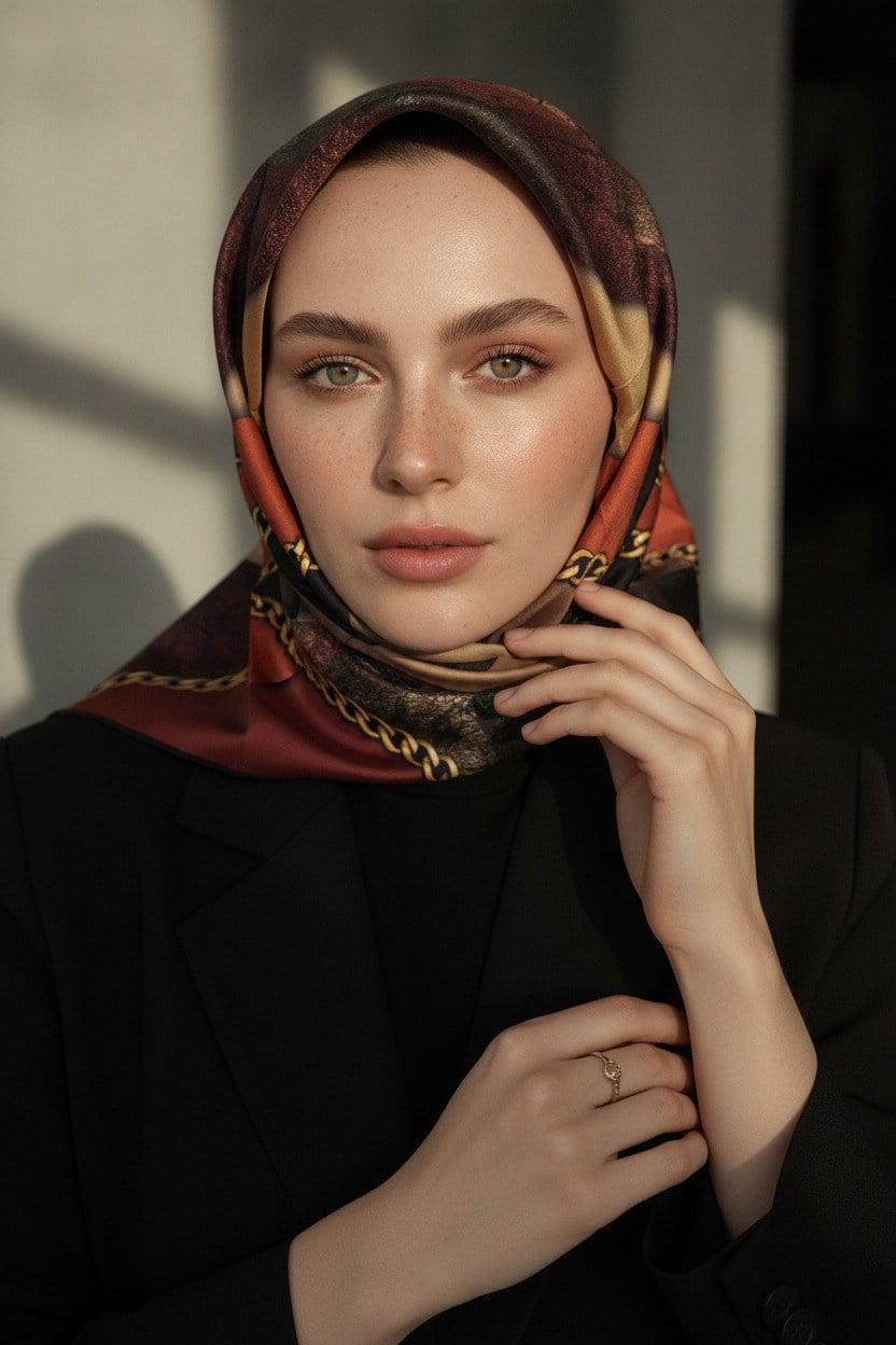 %100 Twill İpek Taş Efekti Desenli Taba - Siyah Renkli 90x90 Eşarp Dikim Şekli : El Dikişi