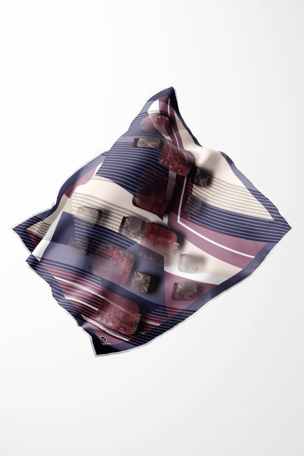 Twill Çizgili ve Geometrik Desenli Mor Renkli 90x90 Eşarp (İpek İçermez) Kenar Dikiş Şekli El Dikişli