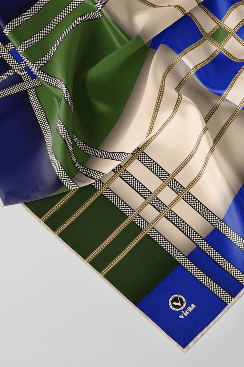 Twill Geometrik Desenli Zümrüt Yeşili - Saks Renkli 90x90 Eşarp (İpek İçermez) Kenar Dikiş Şekli El Dikişli