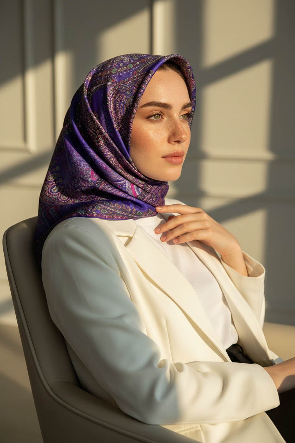 %100 Twill İpek Şal Desenli Mor Renkli 90x90 Eşarp Dikim Şekli : El Dikişi