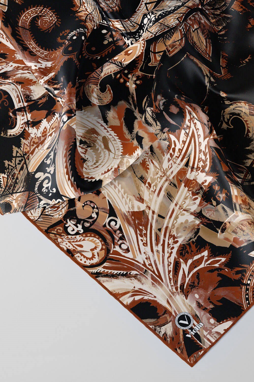 Twill Şal Desenli Taba Renkli 90x90 Eşarp (İpek İçermez) Kenar Dikiş Şekli El Dikişli