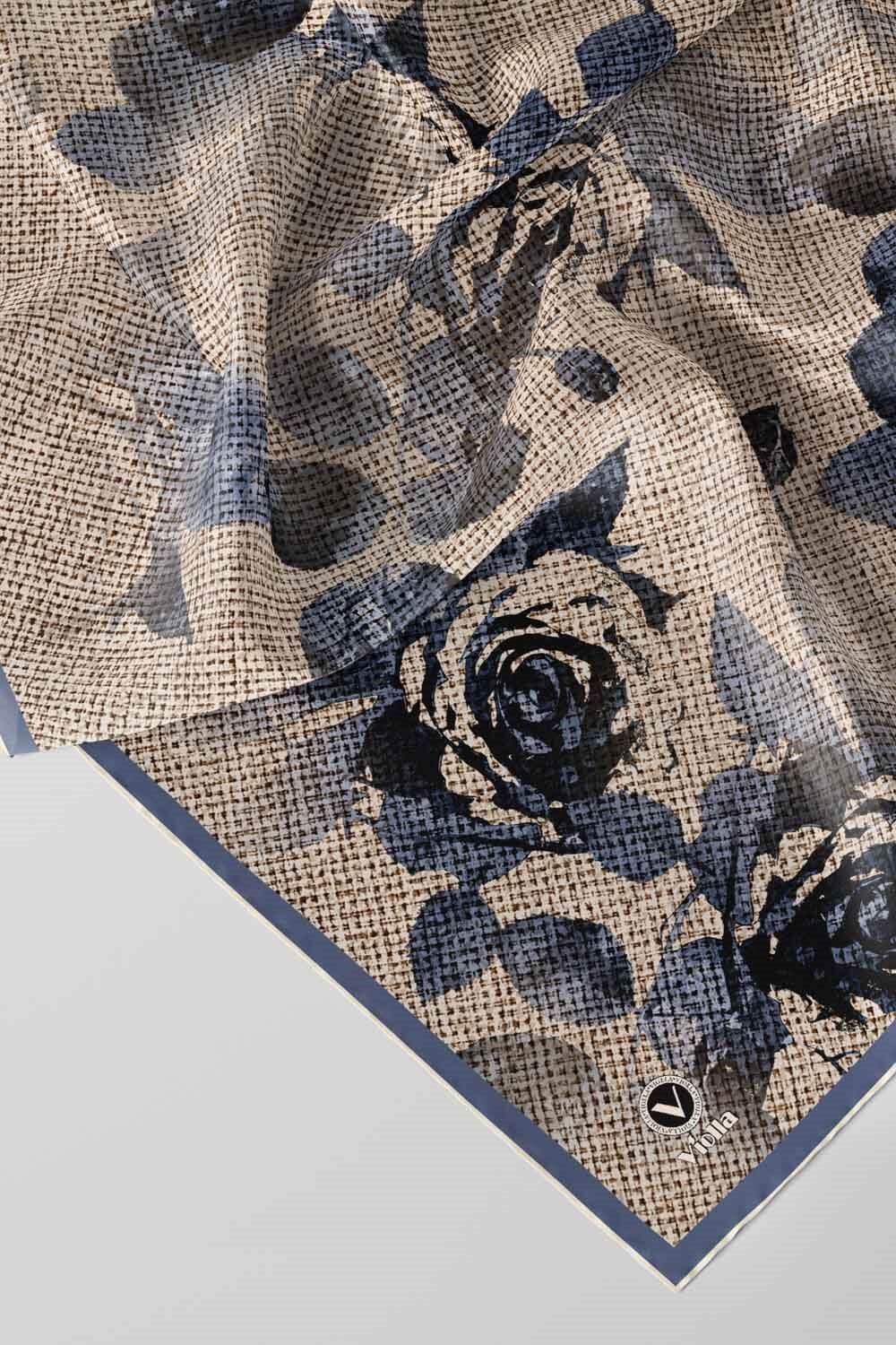 Twill Gül Desenli İndigo Mavisi Renkli 90x90 Eşarp (İpek İçermez) Kenar Dikiş Şekli El Dikişli