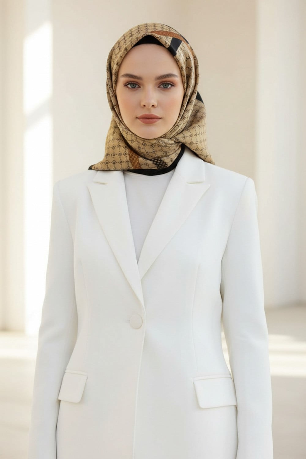 %100 Twill İpek Monogram Ve Şerit Desenli Bej - Siyah Renkli 90x90 Eşarp Dikim Şekli : El Dikişi