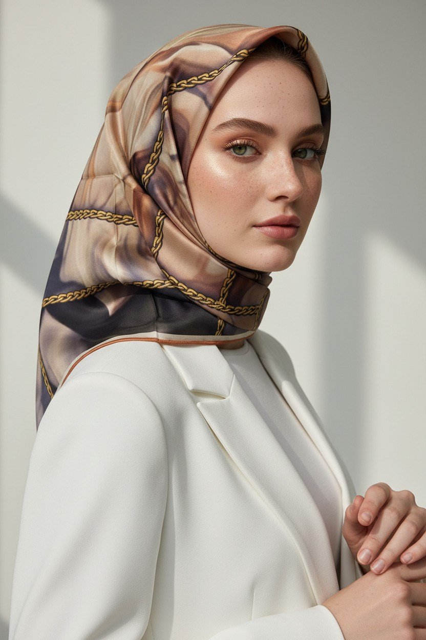 % 57 İPEK % 43 VİSKON Twill İpek Çiçek  Geometrik Desenli Taba Renkli 90x90 Eşarp Dikim Şekli : El Dikişi