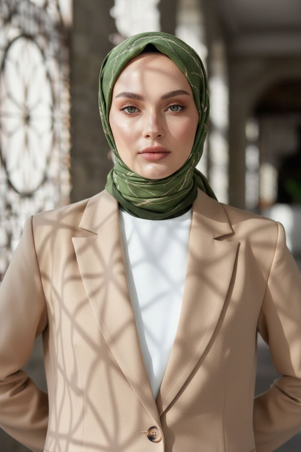 KREP MERMER DESENLİ HAKİ YEŞİLİ RENKLİ 75X195 KIRIŞMAZ ŞAL