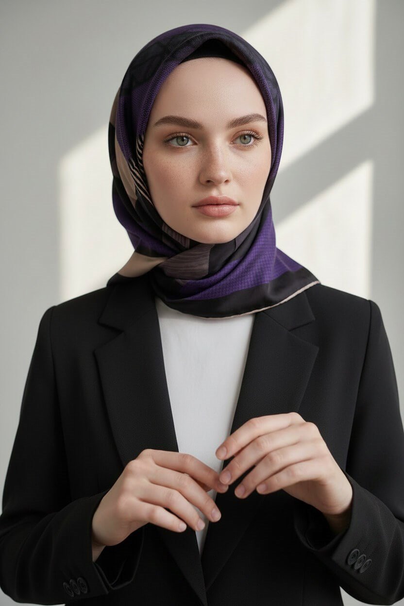 %100 Twill İpek Geometrik Desenli Mor - Siyah Renkli 90x90 Eşarp Dikim Şekli : El Dikişi