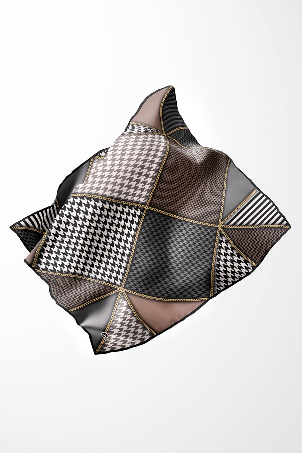 Twil Geometrik Ve Kazayak Desenli Bej - Gri Renkli 90x90 Eşarp (İpek İçermez) Dikim Şekli : El Dikişi