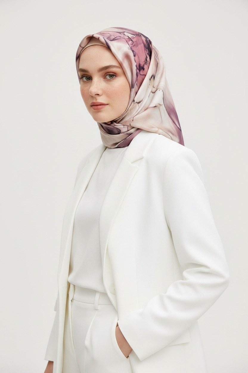 %100 Twill İpek Batik Çiçek Desenli Pudra - Bej Renkli 90x90 Eşarp Kenar Dikiş Şekli El Dikişli