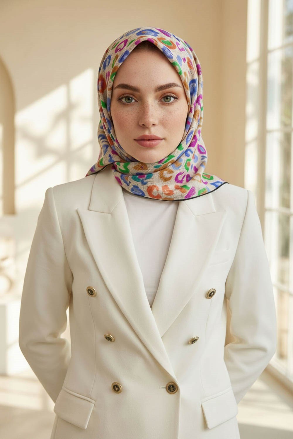 %100 Twill İpek Renkli Leopari Desenli Turuncu - Saks Renkli 90x90 Eşarp Kenar Dikiş Şekli El Dikişli