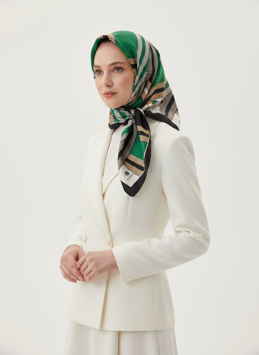 %100 Twill İpek Geometrik Desenli Siyah - Zümrüt Yeşili Renkli 90x90 Eşarp Dikim Şekli : El Dikişi