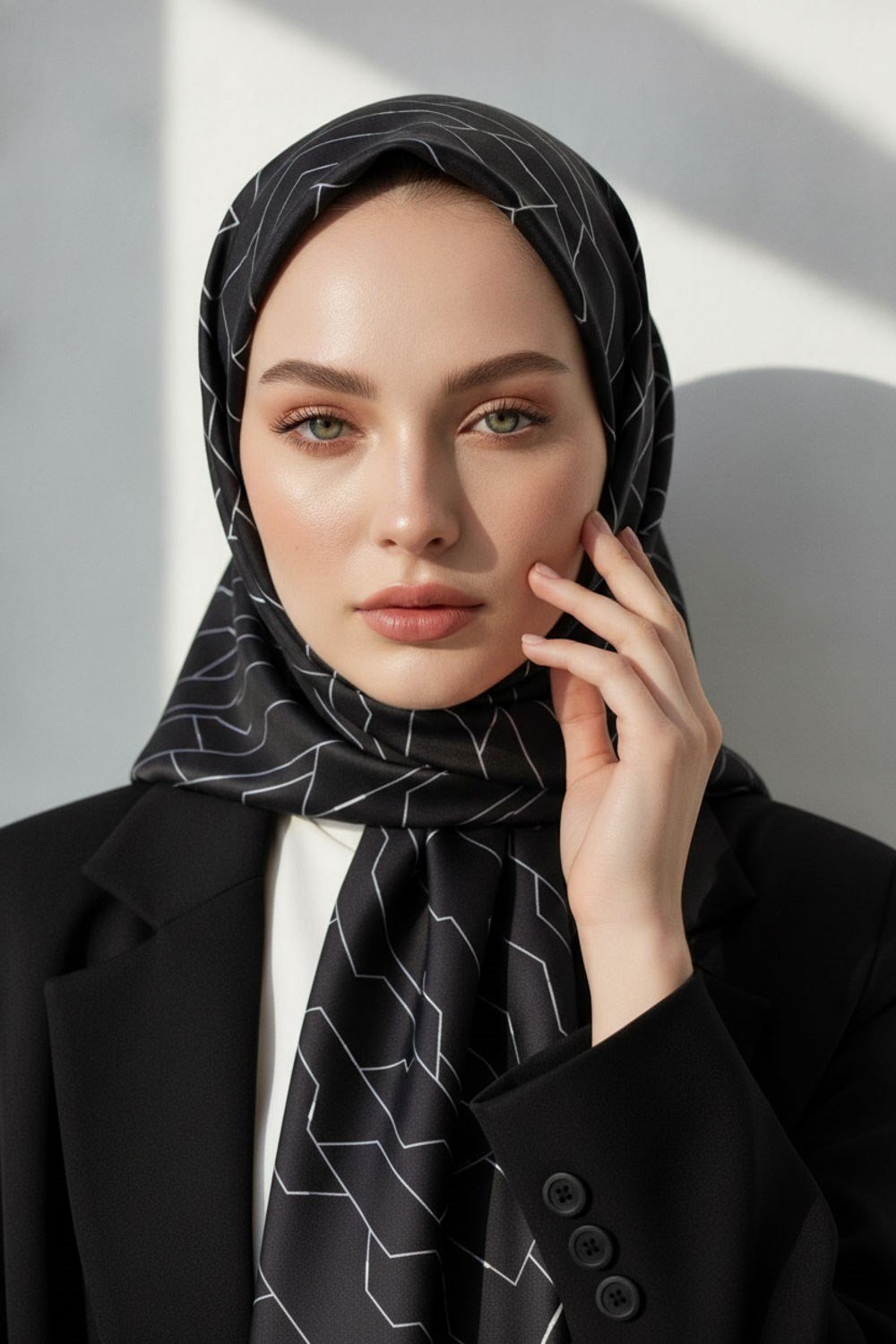 %100 Twill İpek Geometrik Desenli Siyah - Gri Renkli 90x90 Eşarp Dikim Şekli : El Dikişi