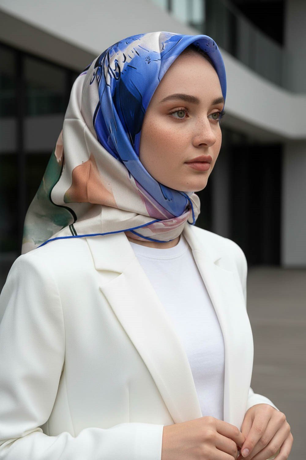 %100 Twill İpek Sulu Boya Çiçek Desenli Saks Renkli 90x90 Eşarp Dikim Şekli : El Dikişi
