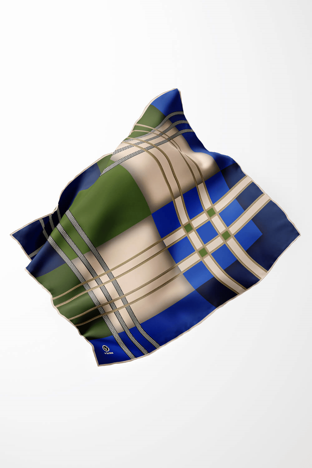 Twill Geometrik Desenli Zümrüt Yeşili - Saks Renkli 90x90 Eşarp (İpek İçermez) Kenar Dikiş Şekli El Dikişli