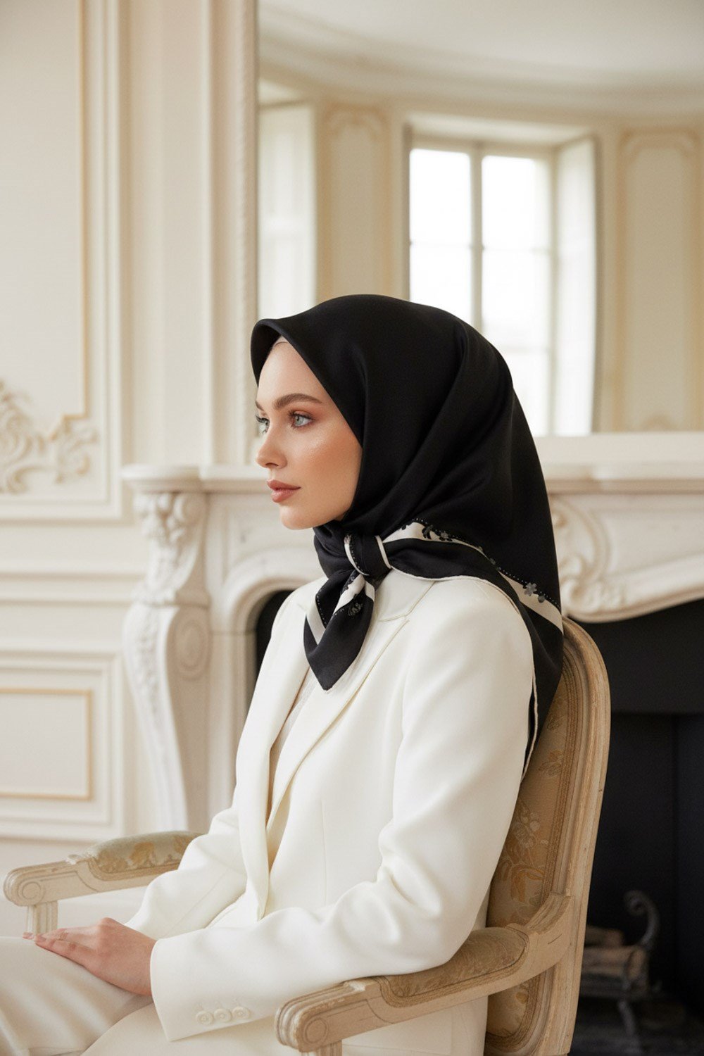 %100 Twill İpek Kenar Motifi Çiçek Desenli Siyah - Krem Renkli 90x90 Eşarp Dikim Şekli : El Dikişi