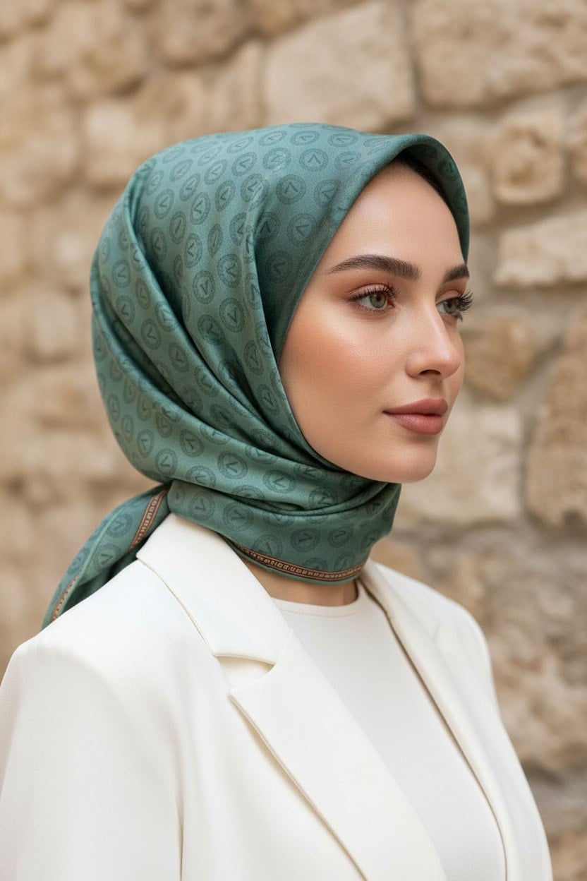 %100 Twill İpek Monogram Desenli Benetton Yeşili Renkli 90x90 Eşarp Dikim Şekli : El Dikişi