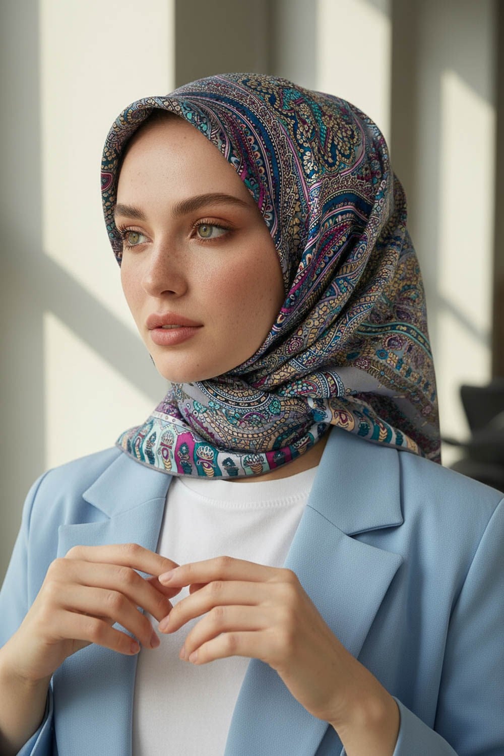 %100 Twill İpek Etro Desenli Gri Renkli 90x90 Eşarp Dikim Şekli : El Dikişi