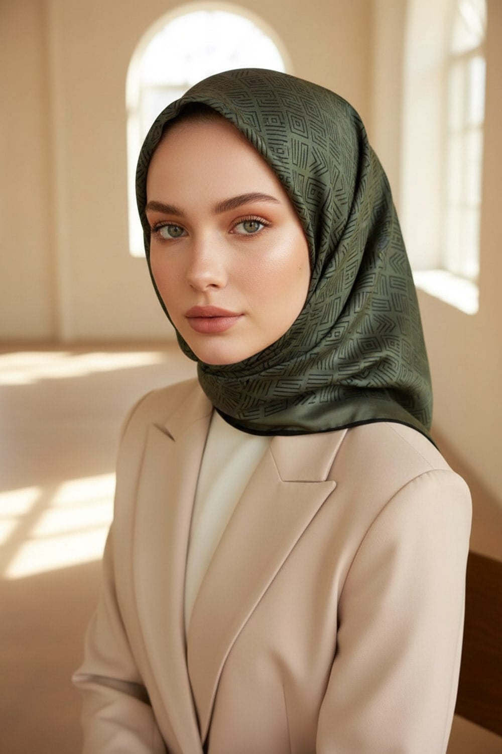 %57 İPEK %43 VİSKON Twill İpek Etnik Motif Desenli Haki - Siyah Renkli 90x90 Eşarp Dikim Şekli : El Dikişi