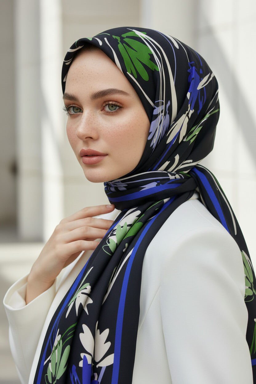 KREP ÇİÇEK DESENLİ SAKS RENKLİ 75X195 KIRIŞMAZ ŞAL