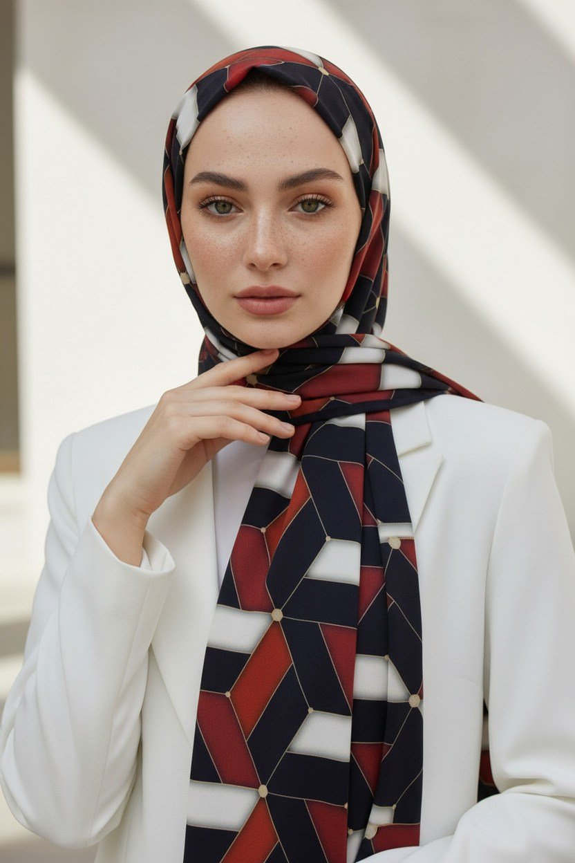 KREP GEOMETRİK DESENLİ KIRMIZI RENKLİ 75X195 KIRIŞMAZ ŞAL