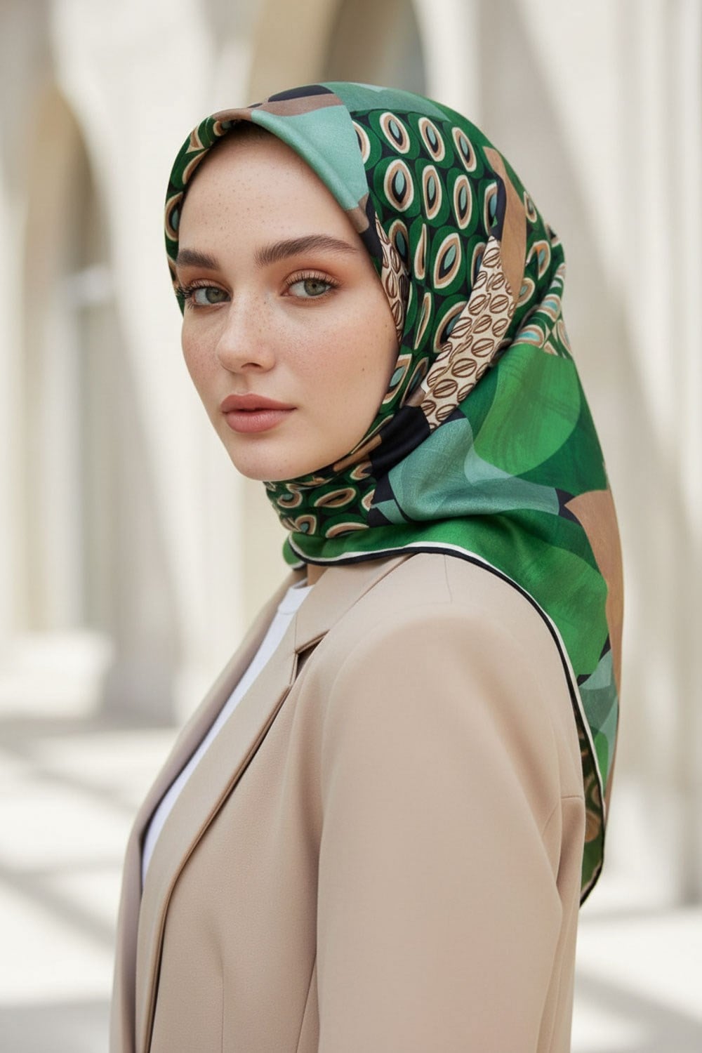 %100 Twill İpek Geometrik Desenli Zümrüt Yeşili - Bej Renkli 90x90 Eşarp Kenar Dikiş Şekli El Dikişli