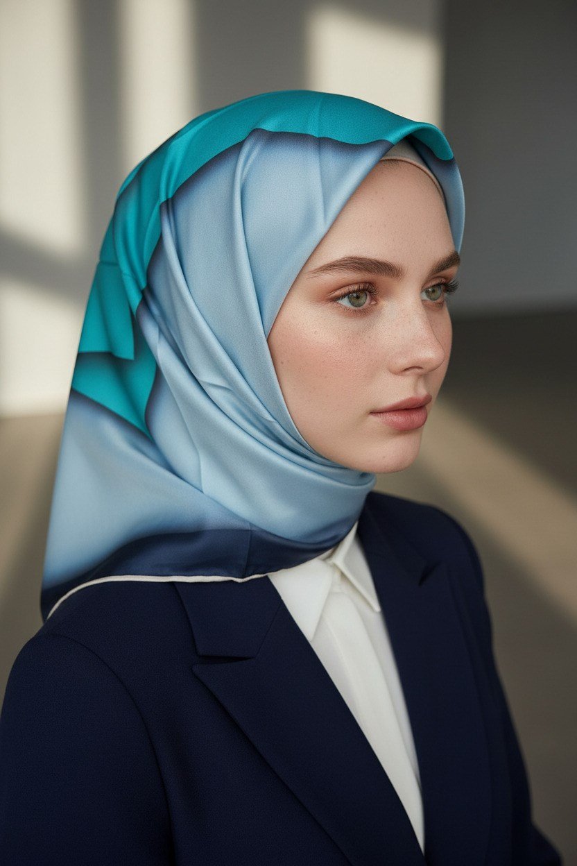 %100 Twill Renk Bloklu Çizgili Desenli Bebe Mavisi - Saks Renkli 90x90 Eşarp Dikim Şekli: El Dikişii