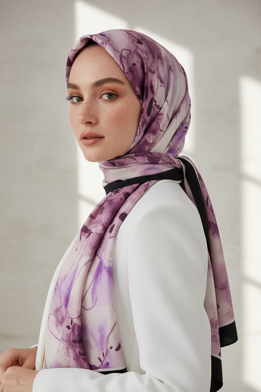 KREP SULU BOYA YAPRAK DESENLİ LİLA RENKLİ 75X195 KIRIŞMAZ ŞAL